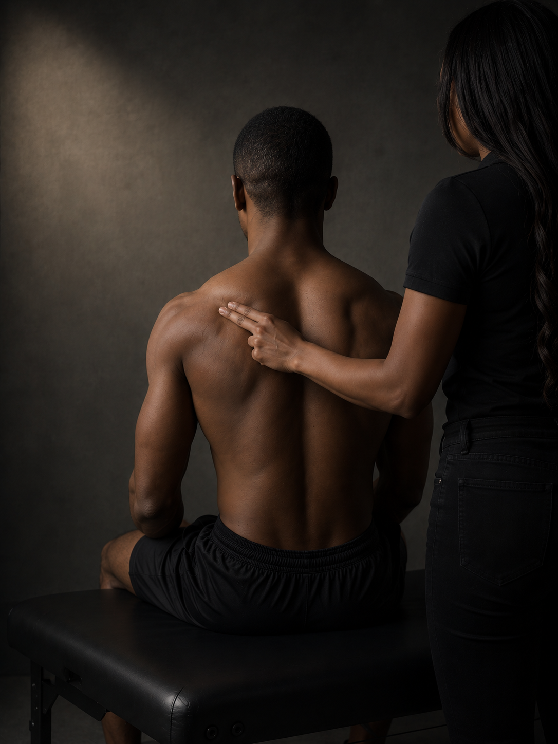 Licensed therapist applying Supercharged Muscle Therapy with guided PEMF to a client's upper back and shoulder blade at Muscle Therapy Wellness Lounge in North Haven, CT